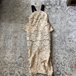 Beige 3D floral midi dress. Front slit and low back. Gorgeous for any event